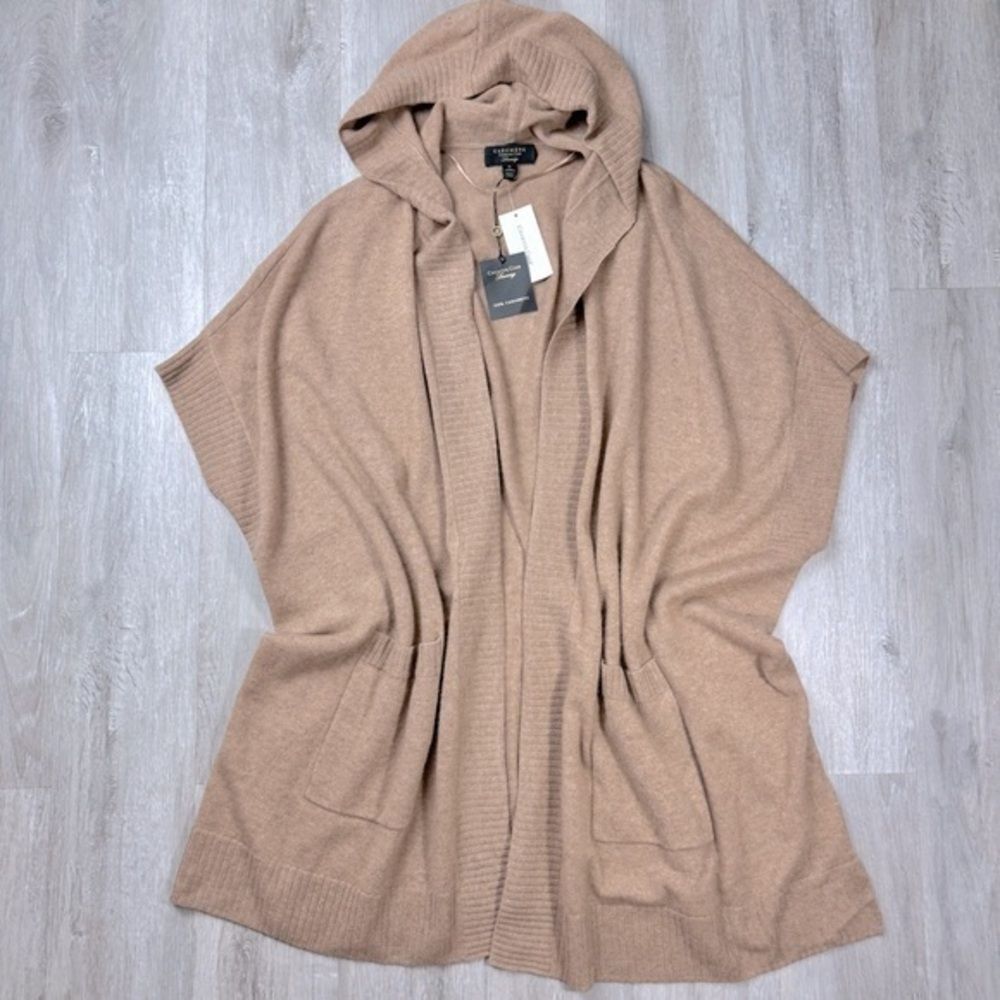 100% Cashmere Hooded Poncho Open Cardigan Sleeveless Sweater